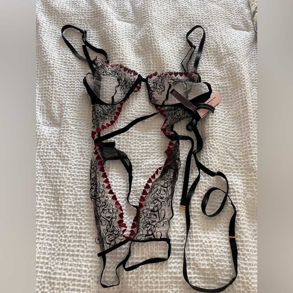 Victoria's Secret Black Sheer Lace Teddy with Red Heart Trim